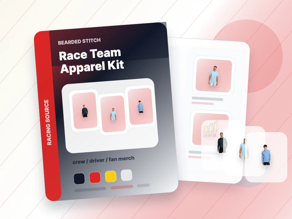 Catalog examples of racing apparel, team polos, shirts, and hoodies