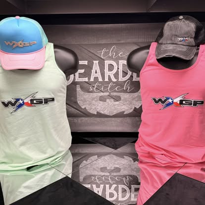Custom tank tops and hats with WXSP graphics displayed in front of a Bearded Stitch backdrop